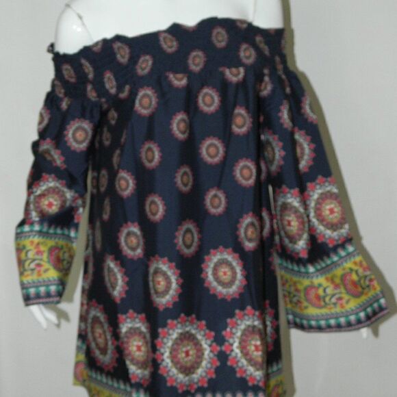 Band of Gypsies Zoe & Rose Dress Blue Floral Off The Shoulder‎ Bell Sleeves Mini - Picture 1 of 16